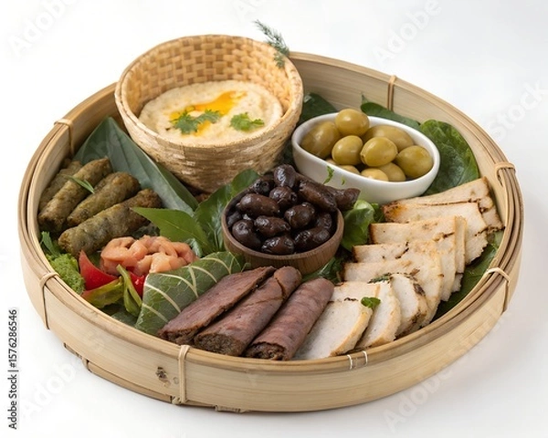 Obraz Rustic display of Mediterranean lamb wraps and sides in winnowing basket isolated
