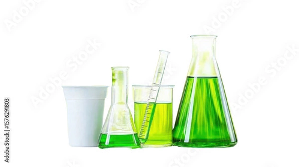 Fototapeta Collection of Laboratory Glassware with Bright Green Liquid for Scientific Research and Experiments