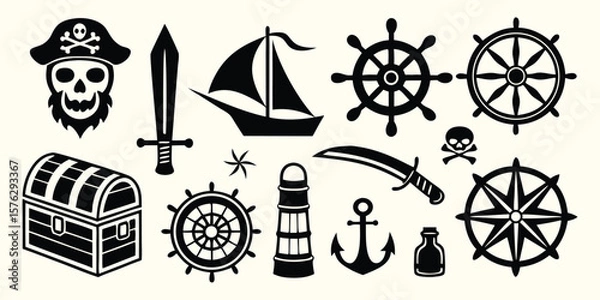 Fototapeta Set of black pirate and nautical vector silhouette icons. Graphic elements including skull, treasure chest, ship wheel, ship, lighthouse for design, branding, game, and adventure projects.