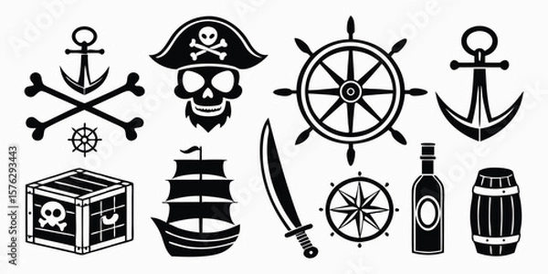 Fototapeta Set of black pirate and nautical vector silhouette icons. Graphic elements including skull, ship wheel, anchor, ship, sword for design, branding, game, and adventure theme projects.