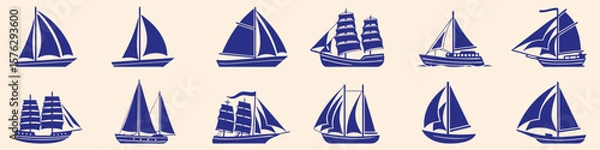 Fototapeta Set of vintage style sailboats and ship wheel vector illustration. Blue nautical graphic elements with various sailing ships for maritime design, print, logo, and decor projects.