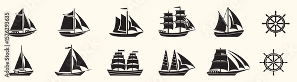 Fototapeta Set of vintage style sailboats and ship wheel vector illustration. Monochrome nautical graphic elements with various sailing ships for maritime design, print, logo, and decor projects.