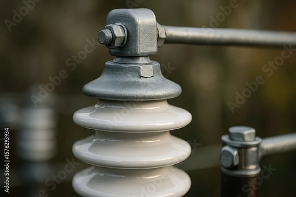 Obraz Close-Up of Insulator on Power Line Equipment in Industrial Setting with Metallic Components