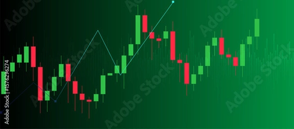 Fototapeta Candlestick chart on dark-green gradient background with light-teal upward trendline and support lines, illustrating bullish market movement, trading analysis, and price action trends