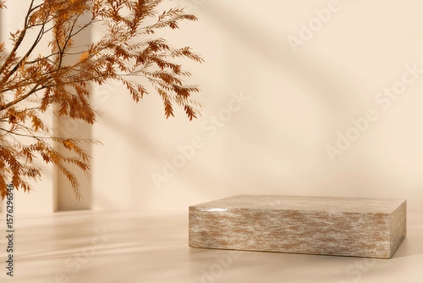 Obraz Minimalist autumn display with branches and a platform in soft natural light. 3d rendering