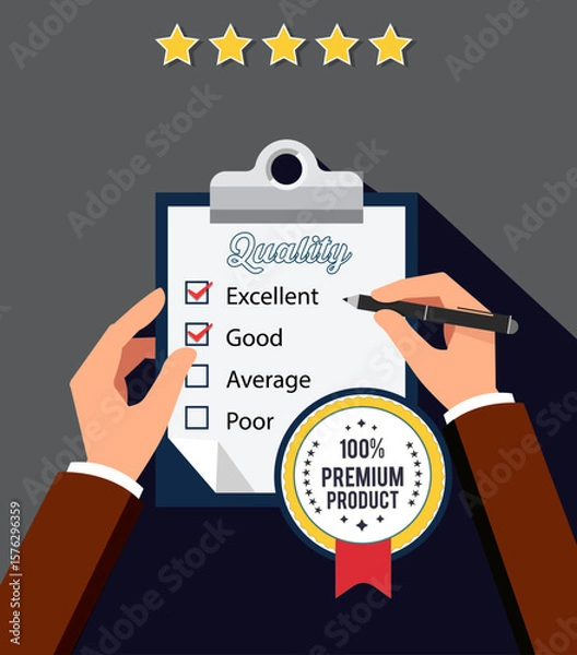 Fototapeta Flat design graphic of checklist on clipboard with hand marking "Excellent," gold premium badge, red ribbon, four stars, on dark gray background, symbolizing quality assessment and rating
