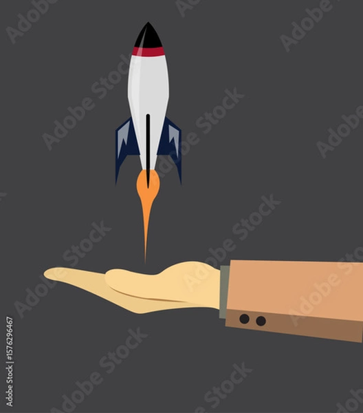 Fototapeta Flat design illustration of stylized rocket launching upward from open hand with flame, symbolizing startup success, innovation, and new beginnings 