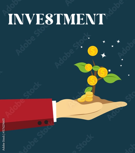Fototapeta Stylized graphic of hand in red blazer holding money tree with gold coins and green leaves on navy background, with “INVESTMENT” and white sparkles, symbolizing financial growth