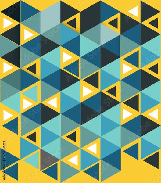 Fototapeta Seamless repeating pattern of layered, interconnected triangles in teal, blue, and white shades with 3D illusion on bright yellow background, perfect for modern geometric designs and textiles