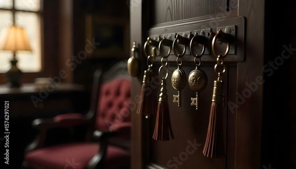 Obraz A set of antique brass keys with ornate. Key Cartoon Vector.