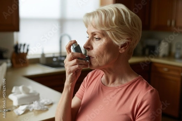 Fototapeta Woman using inhaler in kitchen with tissues on counter and cabinets in the background view
