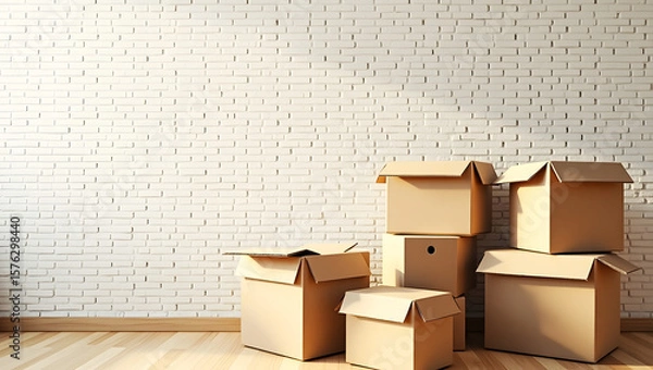 Obraz A warm and inviting moving day concept set against a rustic white brick wall