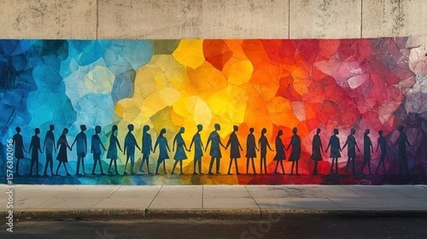 Obraz A mural displays papercut figures in celebratory poses using bold colors and expressive storytelling to highlight unity purpose creativity and symbolic community-driven artistic expression