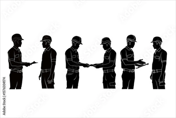 Fototapeta Vector illustration showing five construction workers in safety helmets and workwear performing different on‑site tasks: handing over documents, discussing, and checking plans. Clean black silhouettes