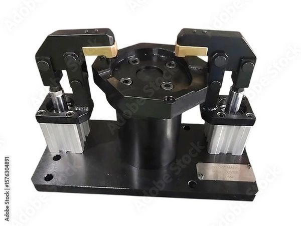 Fototapeta Industrial pneumatic clamp jig with hexagonal component fixture and silver metal plate