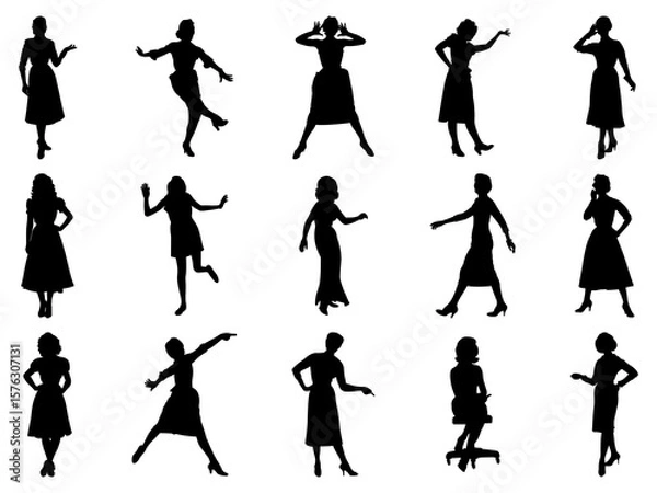 Fototapeta Set of 1950s Woman Silhouette in various poses isolated on white background