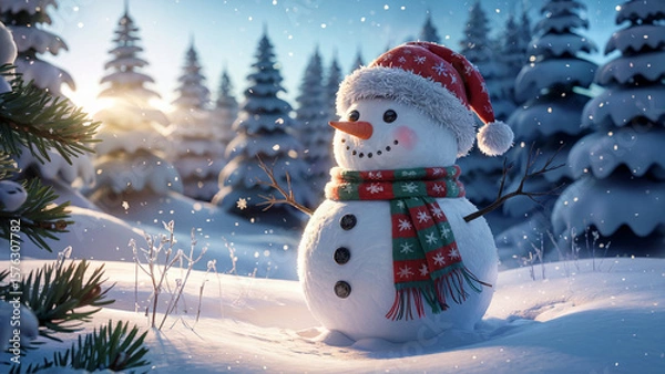 Fototapeta A cheerful snowman wearing a festive santa hat and scarf stands in a snowy forest during a gentle snowfall