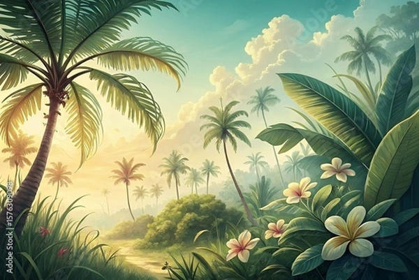Fototapeta Tropical Summer Paradise Palm Trees, Lush Foliage, and Serene Ambience for Your Next Project or Summer Vibe Wallpaper
