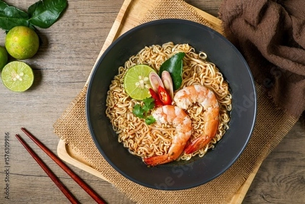 Obraz Tom yum kung with noodles , thai style instant spicy noodles with shrimp , noodles tom yum with shrimp