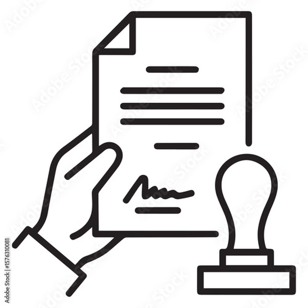 Fototapeta Verified Document with Signature and Stamp in Hand – Outline Icon