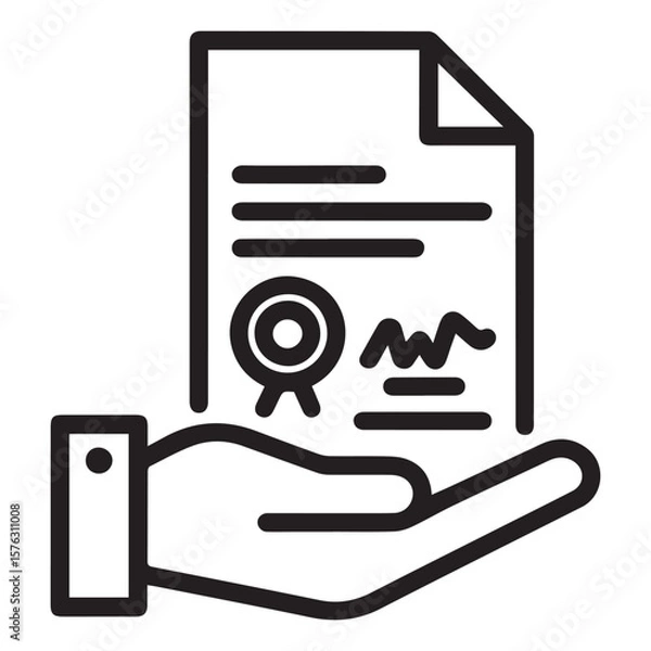 Fototapeta Approval Document in Hand with Stamp – Outline Vector Icon