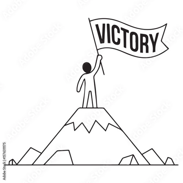 Fototapeta Mountain Top Victory Icon with Flag – Minimal Line Style