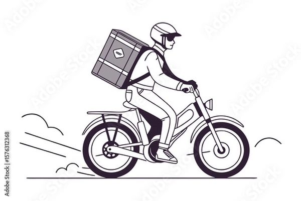 Fototapeta Delivery Rider on Motorbike: A stylized illustration of a delivery rider speeding on a motorbike, carrying a large delivery box.  The image conveys speed and efficiency.