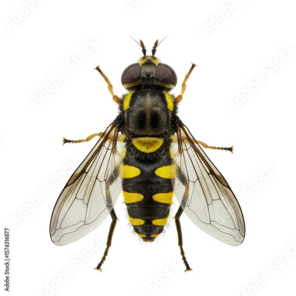 Obraz An ultra-realistic macro shot of a hoverfly (Syrphid fly) from top-down perspective, showcasing black and yellow striped abdomen, compound eyes, transparent wings, and fine hairs, isolated on a clean