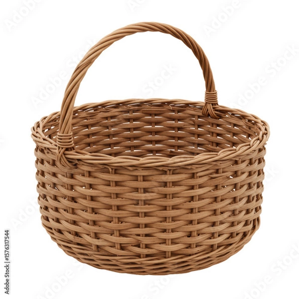 Obraz Empty, perfectly round light brown willow wicker basket with intricate woven pattern and an integrated handle, isolated on a transparent background with shadowless studio lighting, ultra-realistic