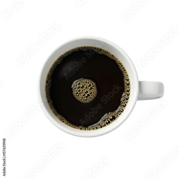 Obraz transparent ceramic coffee mug filled with hot opaque black coffee, rich golden-brown crema, delicate bubbles, top-down shot on immaculate transparent background, no shadows, professional