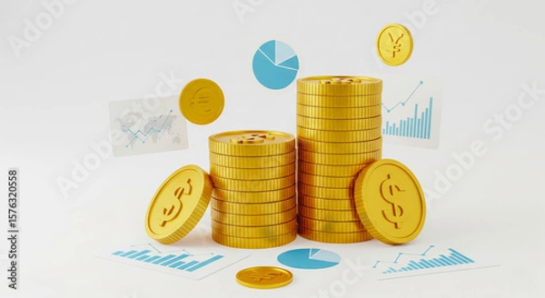 Fototapeta Stacks Of Gold Coins With Financial Charts