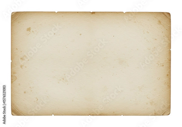 Obraz Aged, vintage blank paper sheet with visible tactile texture, discolored tones, organic stains, and worn, frayed edges, isolated on a transparent background with ample copy space, top-down view,