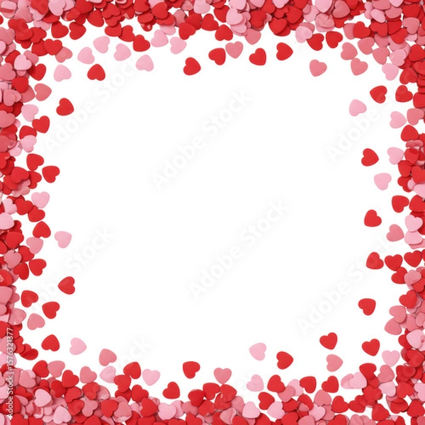Obraz Ultra realistic overhead flat lay of scattered vibrant red and soft pink heart confetti on a transparent studio background with soft shadows and negative space in the bottom left, concept of