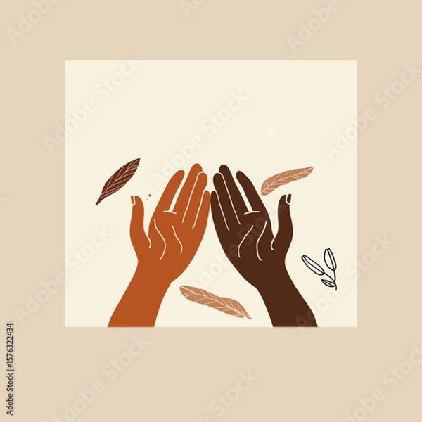 Fototapeta Diverse hands reach up amidst falling feathers in this illustration that evokes themes of reaching, harmony, unity, support, and dreams with boho illustration style.