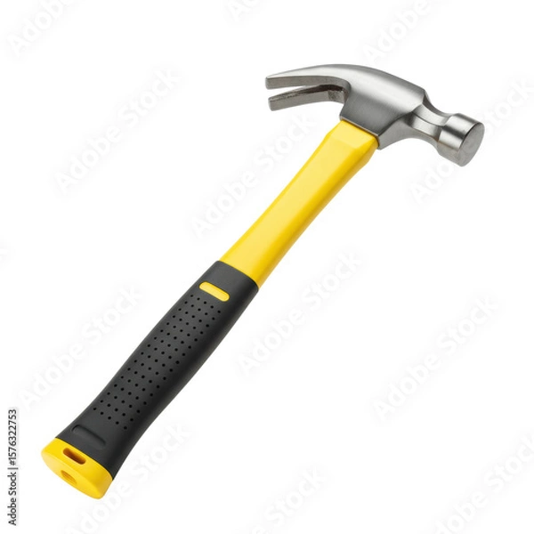 Obraz Pristine claw hammer with polished silver metal head, vibrant yellow fiberglass handle, and black ergonomic rubber grip with yellow accents, presented on a transparent isolated background, no shadows.