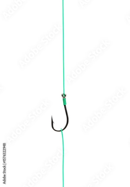 Obraz Reflective silver fishing hook, needle-sharp point, emerald green line tautly knotted, extending vertically on transparent studio background, extreme close-up. Concept of precision product quality