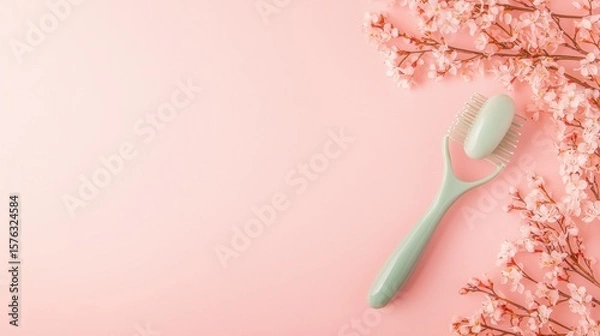 Fototapeta Beauty Product Jade face roller on a pink background with delicate flowers, soft lighting creates a calming and luxurious atmosphere
