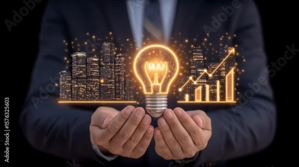 Fototapeta This captures the essence innovation symbolized by a glowing light bulb alongside key concepts strategy growth and business success which guide decision making in entrepreneurial ventures.