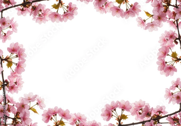Obraz Delicate, fresh pink cherry blossom branches with tender, unfurling petals and intricate natural structure, against a transparent isolated background with ample copy space under soft natural light,