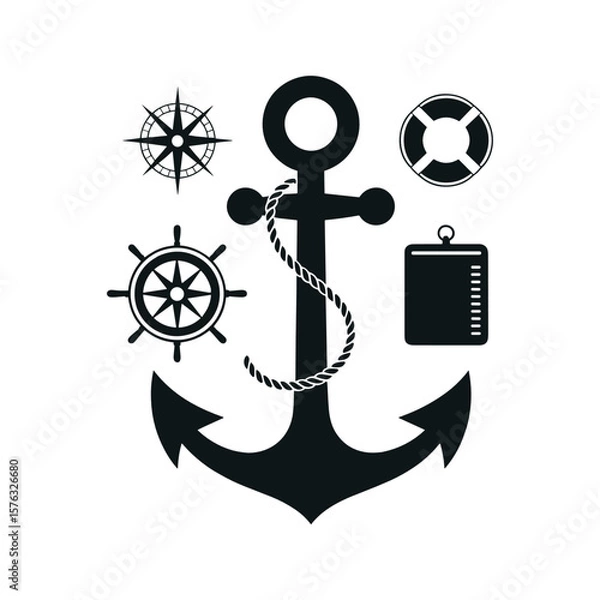 Fototapeta Nautical Elements in Monochrome: A collection of monochrome nautical elements, meticulously arranged, exuding a sense of maritime adventure, navigational precision, and maritime exploration.