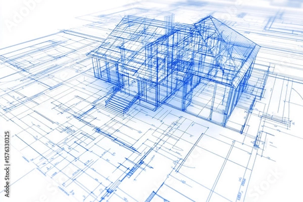 Fototapeta Detailed house blueprint showing structural elements and design plans
