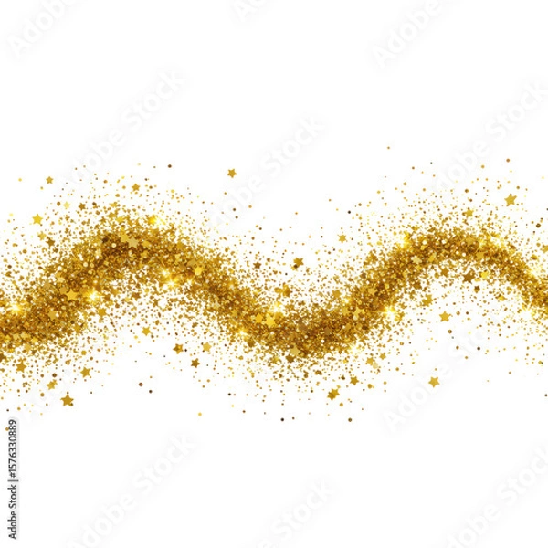 Obraz A dynamic, wave-like formation of shimmering golden glitter particles and glowing yellow stars isolated on a pristine transparent background, captured with a top-down studio shot, concept of magical