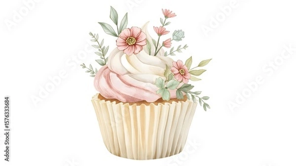 Obraz Handpainted Watercolor Cupcake with Soft Floral Toppings