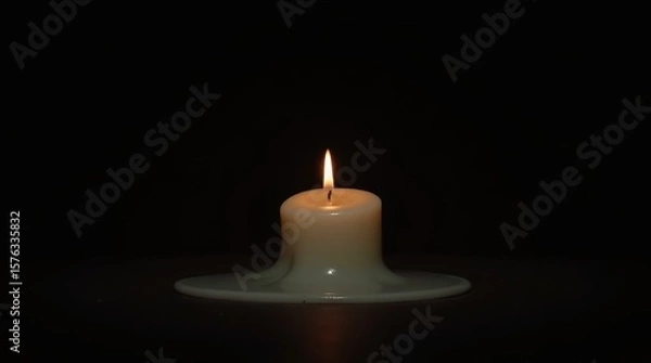 Fototapeta A time-lapse video shows a white candle melting completely against a dark, moody background