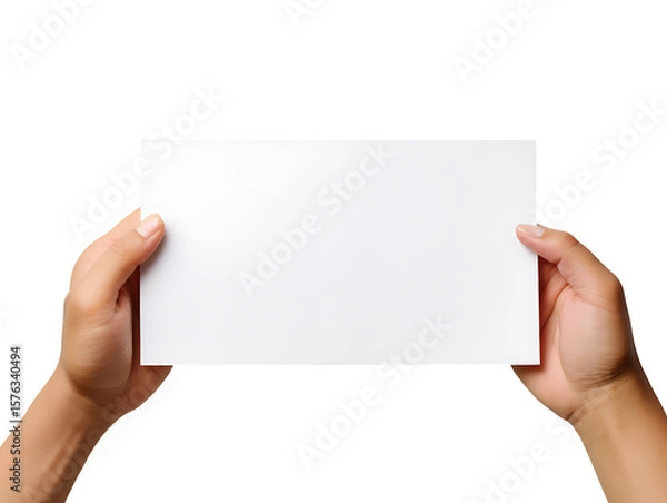 Fototapeta Hands holding blank white rectangular card isolated on transparent background