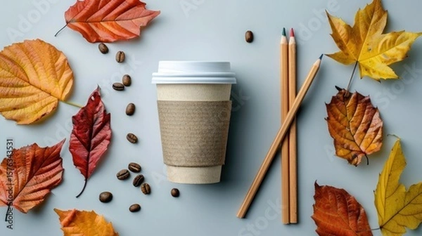 Fototapeta Flat lay of a takeaway coffee cup, autumn leaves, coffee beans, and wooden pencils on a clean surface, capturing cozy fall vibes and eco-friendly minimalism