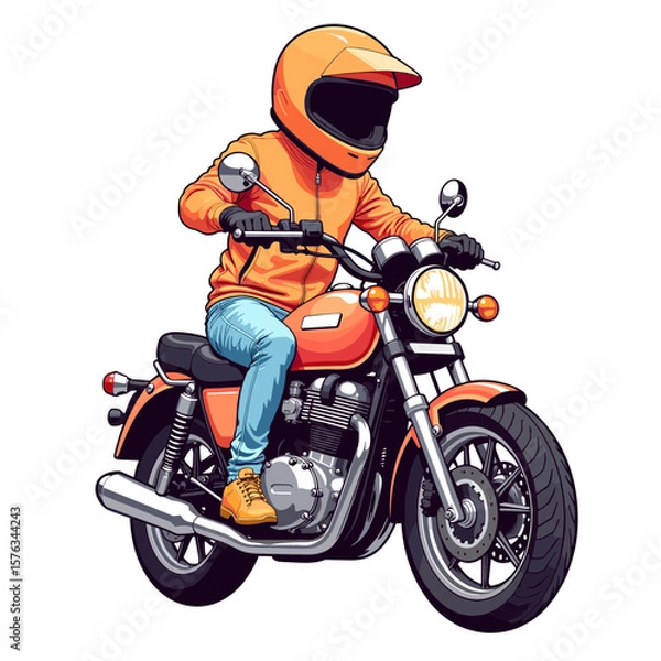 Fototapeta Man riding motorcycle wearing orange helmet and jacket in colorful style, concept of sport, made in bright clean pastel colors, with smooth, clear, ultra-thin black outline  
