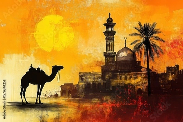 Obraz Camel stands near a mosque at sunset