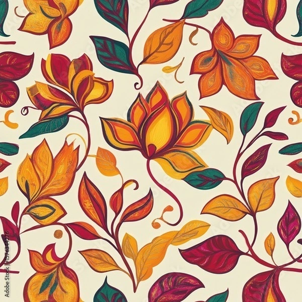 Obraz Autumn flowers and leaves create a seamless pattern