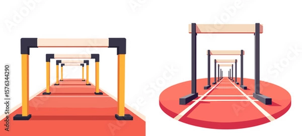 Fototapeta Empty hurdles on red track in minimalist style with pastel colors  